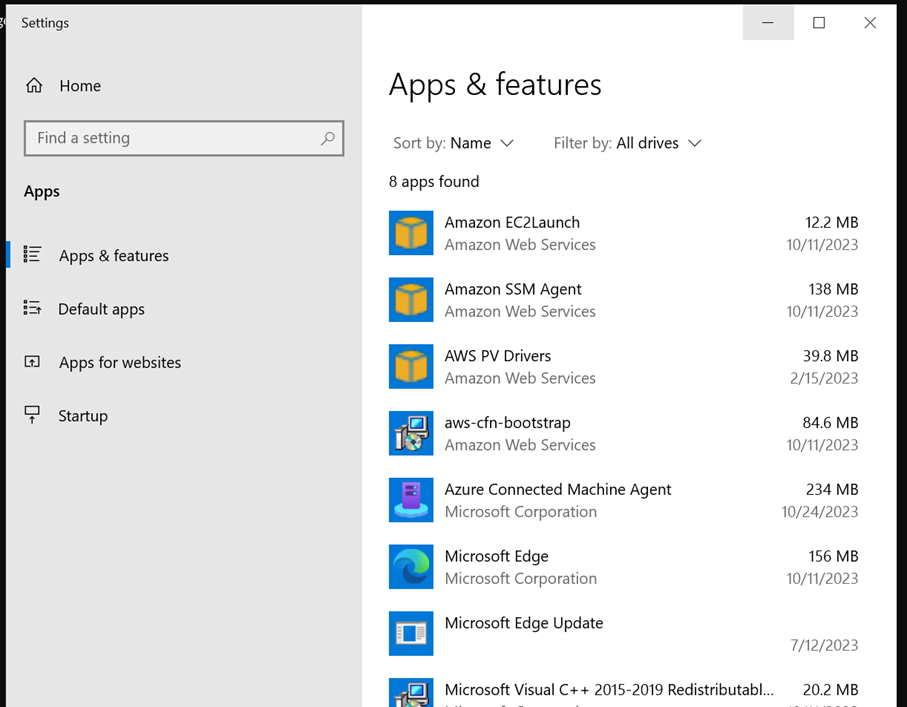 Apps and features on Windows, showing Azure Connected Machine Aget.