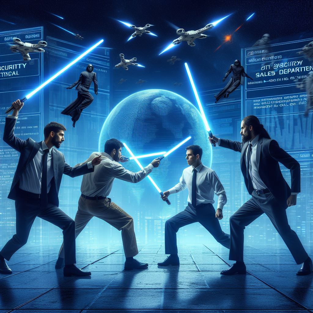 it security fighting sales people with light sabers (AI generated)